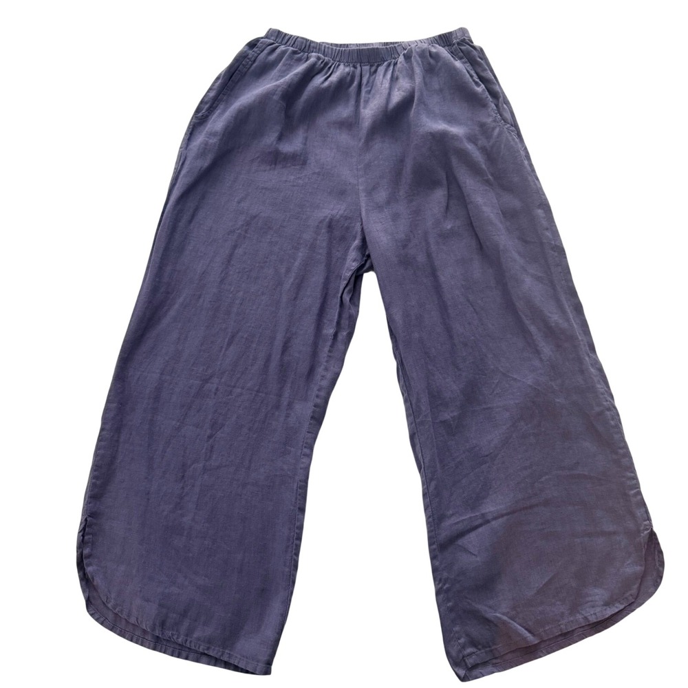 Flax 100% Linen Wide Leg Pants Purple Elastic Waist Pockets Size M